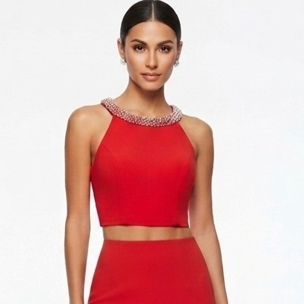 Jovani Vintage Beaded Halter Neck Crop Top Sleeveless Formal Prom Red 2 Two